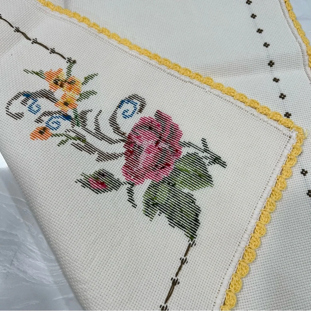 Hand Made Cross Stitch Floral Embroidered Cloth with Yellow Crochet Edge cottage